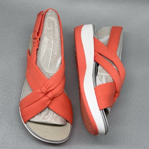 Womens Clarks Sandals Arla Belle Coral Cloudsteppers Wedge Slingback Sz 8.5M - Picture 2 of 10